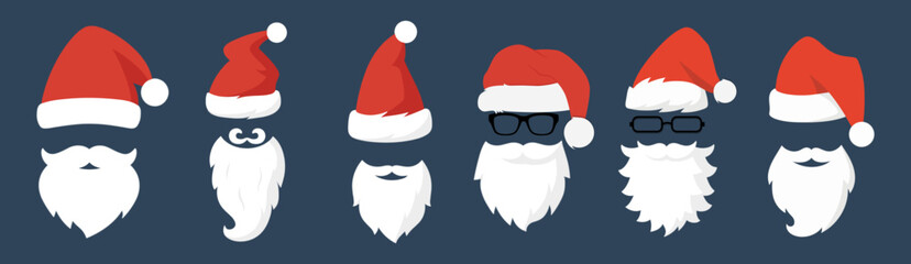 Santa Claus Christmas Hat and Beard Vector Illustration Set