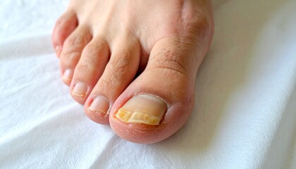 Close-up of a foot with a fungal toenail infection, showing discolored and thickened nail