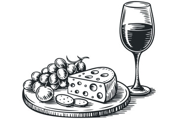 Hand-drawn sketch of wine glass and cheese platter. Vector hand drawn illustration