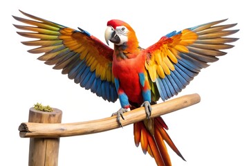 Fototapeta premium Scarlet Macaw Spreading Wings on Perch Isolated on White Background