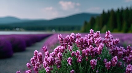 Macro Cinematic Purple Lavender Flowers in Field with Mountains