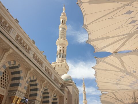 Madina, Saudi Arabia. Aerial view of Masjidil Nabawi at Madinah Al Munawwarah with blurred background. Architecture photography concept design. Prophet Rasul Muhammad SAW Masjid.