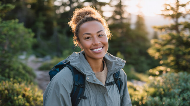 Close-up of smiling black woman hiking with sunlight highlighting her face, forest path behind her glowing with morning mist, adventure spirit in every detail