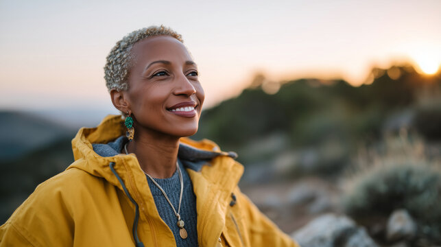 Black woman enjoying peaceful forest hike at sunrise, close-up of joyful expression, background glowing with soft amber and gold tones of morning