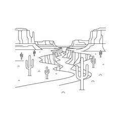 Desert Canyon Landscape Icon, Minimalist Line Art Vector of Arizona Buttes and Saguaro Cactus.
