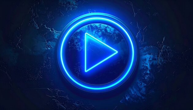Play button, glowing blue, dark background
