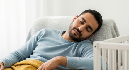 Fototapeta premium Man sleeping on chair beside crib in relaxed indoor setting 