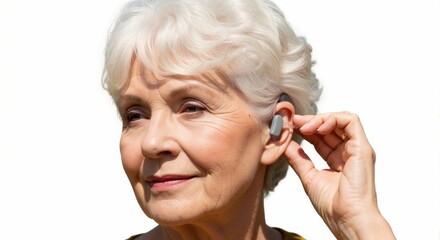 Elderly Caucasian woman adjusting her hearing aid outdoors  