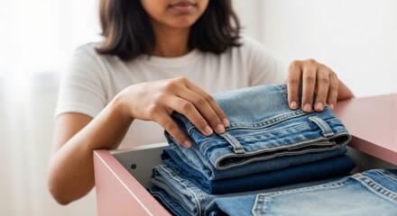 Young Indian woman folding jeans and organizing drawer indoors  