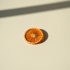 A dried orange slice resting on a cream-colored surface in dappled sunlight, creating a warm and inviting scene evoking feelings of natural simplicity and wholesome goodness .