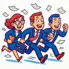Square business vector illustration of three energetic office workers in blue suits running together with papers flying around, symbolizing teamwork, speed, competition, corporate energy, deadlines