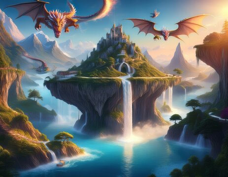 Majestic fantasy castle perched atop a waterfall island paradise, with powerful dragons soaring through a vibrant, sun-kissed sky over breathtaking mountain vistas and serene turquoise waters. - Powered by Adobe
