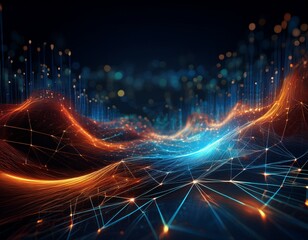 Dynamic abstract digital network visualization glowing with vibrant orange and blue energy lines, representing data flow and global connectivity in a futuristic landscape.