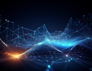 Dynamic digital network visualization with glowing nodes and interconnected lines creating a futuristic landscape of data flow and global connectivity