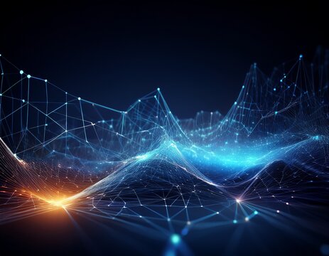 Dynamic digital network visualization with glowing nodes and interconnected lines creating a futuristic landscape of data flow and global connectivity