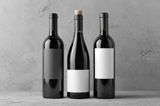 Three wine bottles with blank labels on a textured background