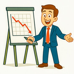 Square business vector illustration of a smiling businessman in a suit presenting a downward trend chart on a flip board, representing finance loss, market decline, economic crisis, consulting