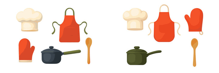 Kitchen utensils and accessories in various colors arranged on a white background for cooking activities or culinary art