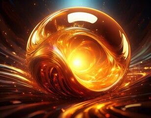 Captivating abstract sphere of molten gold energy radiating intense light and dynamic motion, perfect for futuristic tech, science, or cosmic themes.