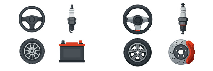 Set of car parts including wheels, steering wheels, battery, and spark plugs displayed in a clear layout for educational purposes
