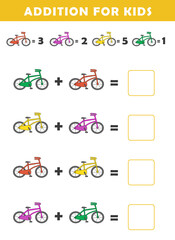 Addition for Kids. Fun Math Logic Puzzles for Kids. Math Game with Cute Bicycle Illustration. Math Activities for Children.