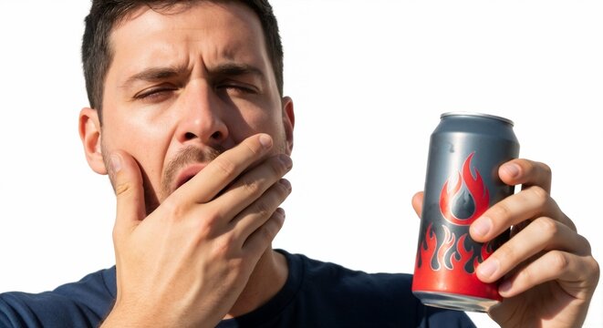 Man yawning while holding a can of energy drink with a tired expression  