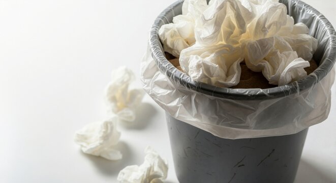 Close-up of bin filled with crumpled tissues on white surface  