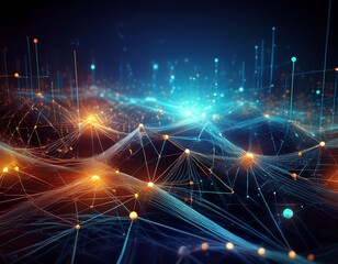 Dynamic digital network connections illuminate abstract futuristic cityscape with vibrant glowing nodes and intricate data pathways creating a sense of global connectivity and innovation