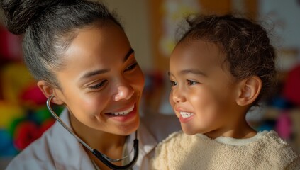 pediatric healthcare, smiling pediatrician listening to happy toddler with stethoscope in warm natural light, candid lifestyle portrait for family clinic branding and child wellness education