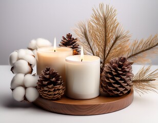 Warm, inviting ambiance created by flickering candles, natural pinecones, and soft cotton bolls arranged artfully on a wooden tray, evoking cozy comfort and seasonal serenity