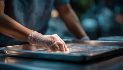 Plastic surgery nurse with sterile gloves, calm focus, cinematic close-up, arranging surgical drape on steel tray for safe operation preparation