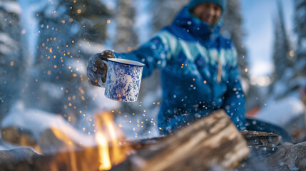 Wide-angle of man enjoying snowy campsite, pouring coffee into mug next to warm campfire, surrounding forest dusted with fresh snow, peaceful outdoor winter scene