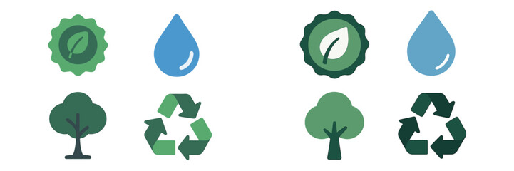 Symbols of sustainability with leaves, water droplets, trees, and recycling icons arranged in a tidy format