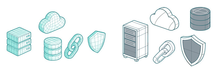 3D wireframe digital elements representing cloud computing, data storage, and cybersecurity on a clean background