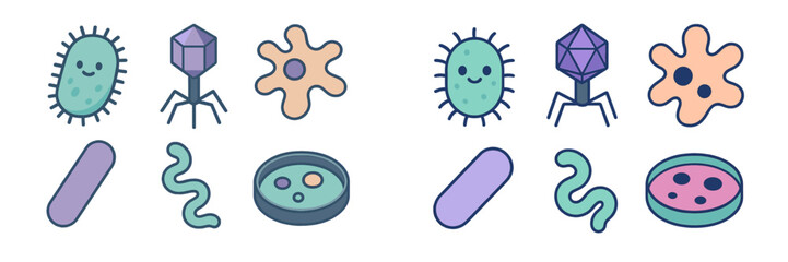 Microbial life forms and their structures illustrated with colorful designs and playful elements for educational purposes