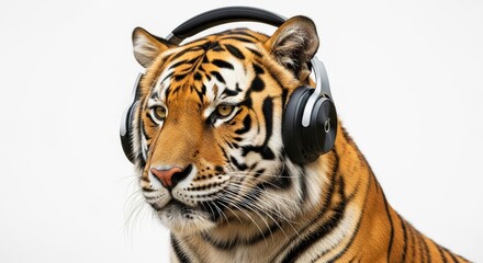 Obraz premium tiger wearing headphones, listening to music, on a solid white background