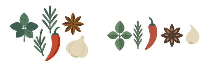 Colorful herbs and spices arranged artistically on a plain background for culinary inspiration and creativity