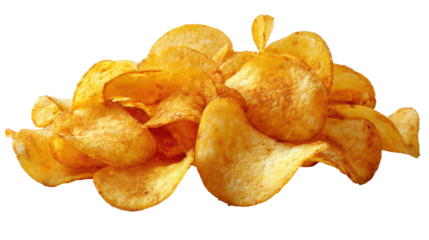Crispy potato chips stacked against a dark background