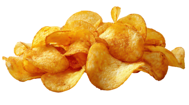 Crispy potato chips stacked against a dark background