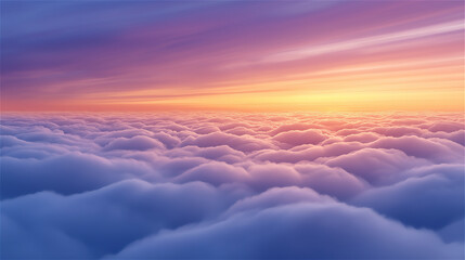 Scenic sunrise view above fluffy clouds with warm colors, symbolizing peace, freedom, hope, inspiration, and lifestyle concepts of travel and nature beauty.