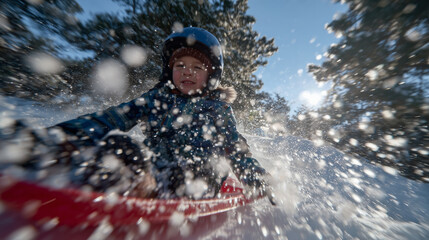 Low-angle perspective of child on red sled, snow sparkling in motion, trees and family in background, capturing thrilling winter outdoor fun