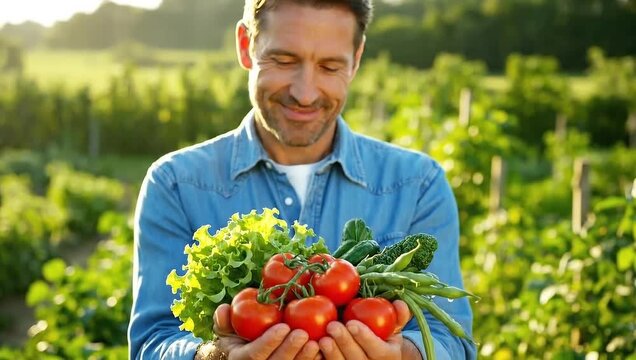 Happy farmer holding fresh organic tomatoes, lettuce, beans and greens in hands at vegetable garden during sunset, sustainable farming and healthy lifestyle concept