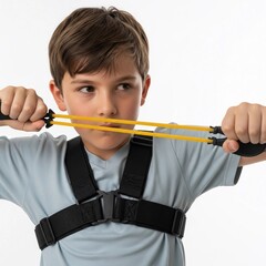 Young boy using resistance bands for strength training in a bright indoor setting during daytime