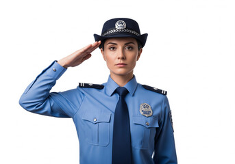 Female police officer in blue uniform saluting with serious expression on white background.