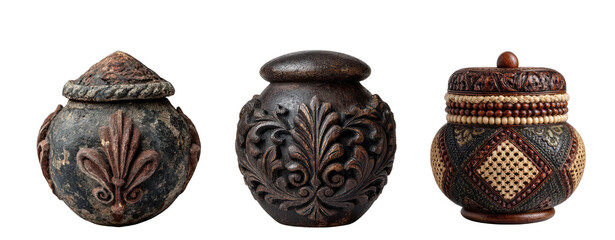 Antique carved wooden boxes isolated on transparent background