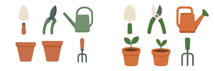 Gardening tools and potted plants for springtime planting and care in a bright and simple style