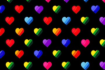 Colorful hearts on a black background.  Repeating pattern