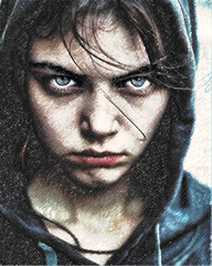 Intense portrait in colored pencils of a young woman wearing a hoodie and with striking blue eyes.