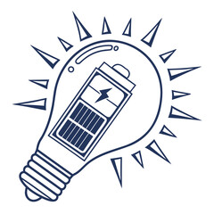 Conceptual illustration of a light bulb containing a battery symbolizing energy and innovation