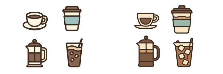 Different types of coffee and tea drinks displayed in a simple, modern style from fresh brew to iced varieties